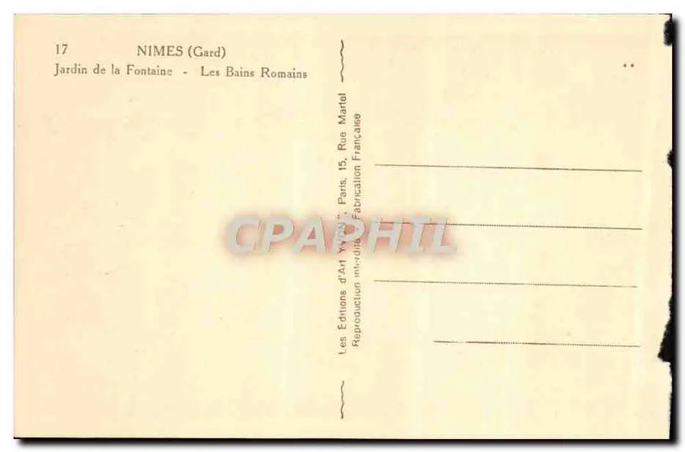 Nîmes (Gard) — Jardin de la Fontaine - Les Bains Romains — Éditions d'Art Yvonne, Paris - Rückseite