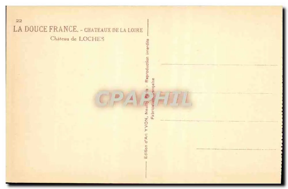 Schloss Loches — Schlösser der Loire — Künstlerische Ausgabe YVON, Neully-sur-Marne - Rückseite
