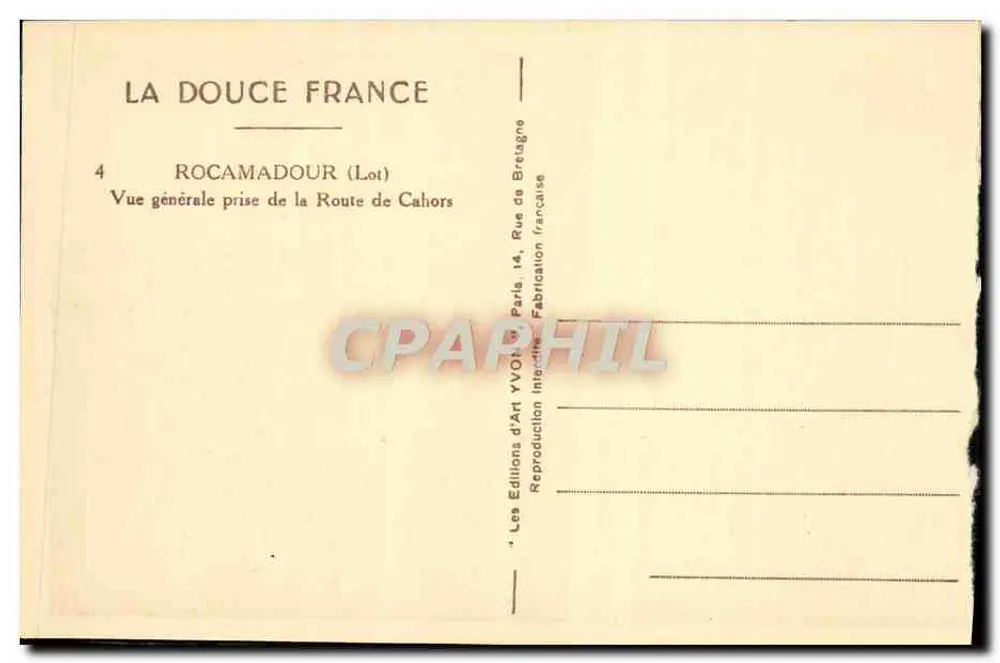 Rocamadour — Allgemeiner Blick vom Weg nach Cahors — Éditions d'Art Yvonne, Paris - Rückseite