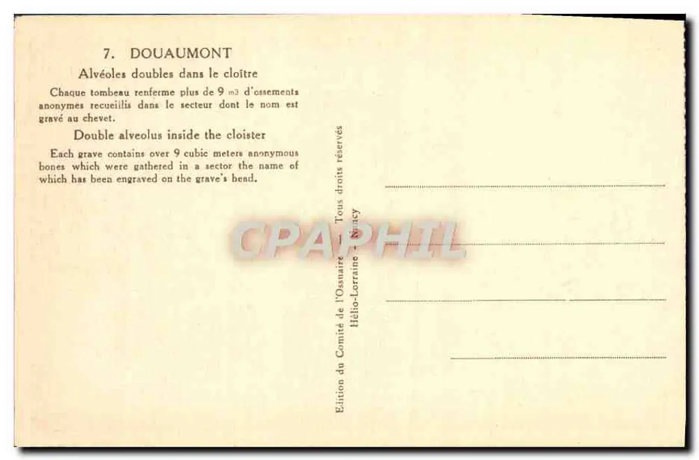 Douaumont — Cripta das Alvéolas Duplas — Edição do Comitê do Ossuário, Thionville - Verso