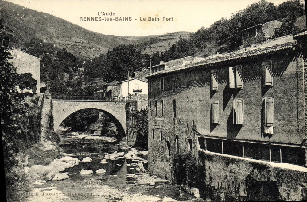 Rennes-les-Bains - Het Fortbad — uitzicht van de brug over de Aude — uitgever E. Prunot, Narbonne - Voorkant