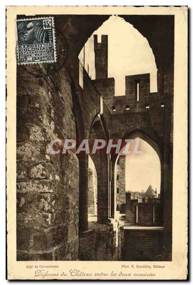 Cité de Carcassonne — Verteidigungen des Schlosses zwischen den beiden Mauern — Phot. E. Roudière, Verlag - Vorderseite