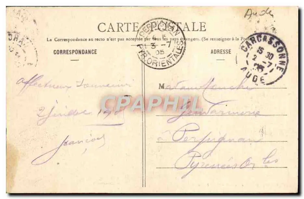 Cidade de Carcassonne — Conjunto da Porta d'Aude — Lib. P. Abadie, 36 Rue de la Cara - Verso