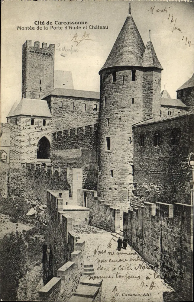 Carcassonne — Montée de la Porte d'Aude und Schloss — G. Cazanou, Verlag - Vorderseite