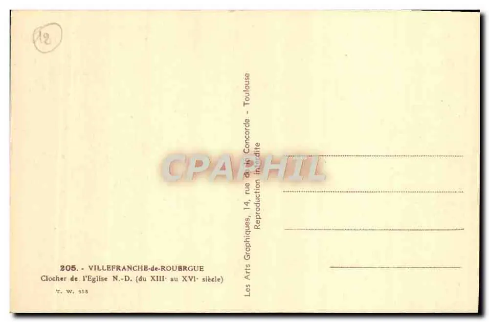 Glockenturm der Kirche Notre-Dame — Villefranche-de-Rouergue — Verleger T. W. 105 - Rückseite