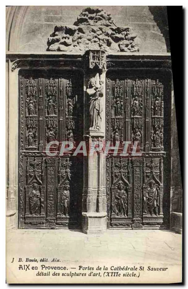Aix-en-Provence — Tore der Kathedrale Saint-Sauveur, Detail der kunstvollen Skulpturen, 13. Jahrhundert — J. B. Bouis, Verlag Aix - Vorderseite