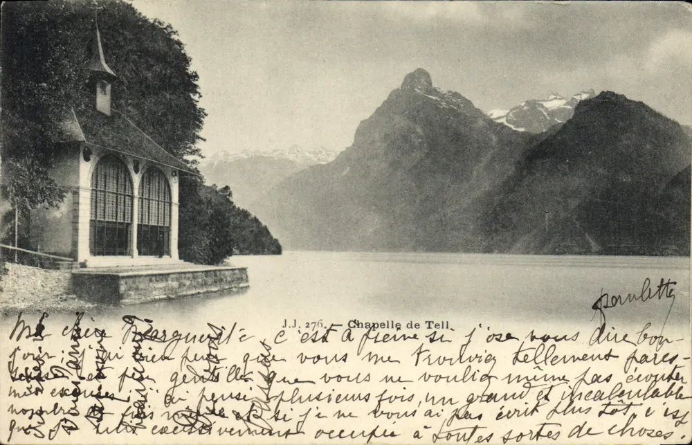 Capela de Tell — Lago de Thoune, montanhas nevadas — Jullien frères, Genebra, n° 276 - Frente