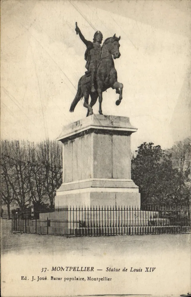 Montpellier — Estátua de Luís XIV — Ed. J. Joué, Bazar popular - Frente