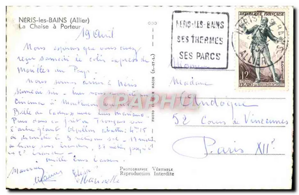 Néris-les-Bains — A Cadeira de Transporte — Photo Cl. Bier (S.-et-L.) - Verso