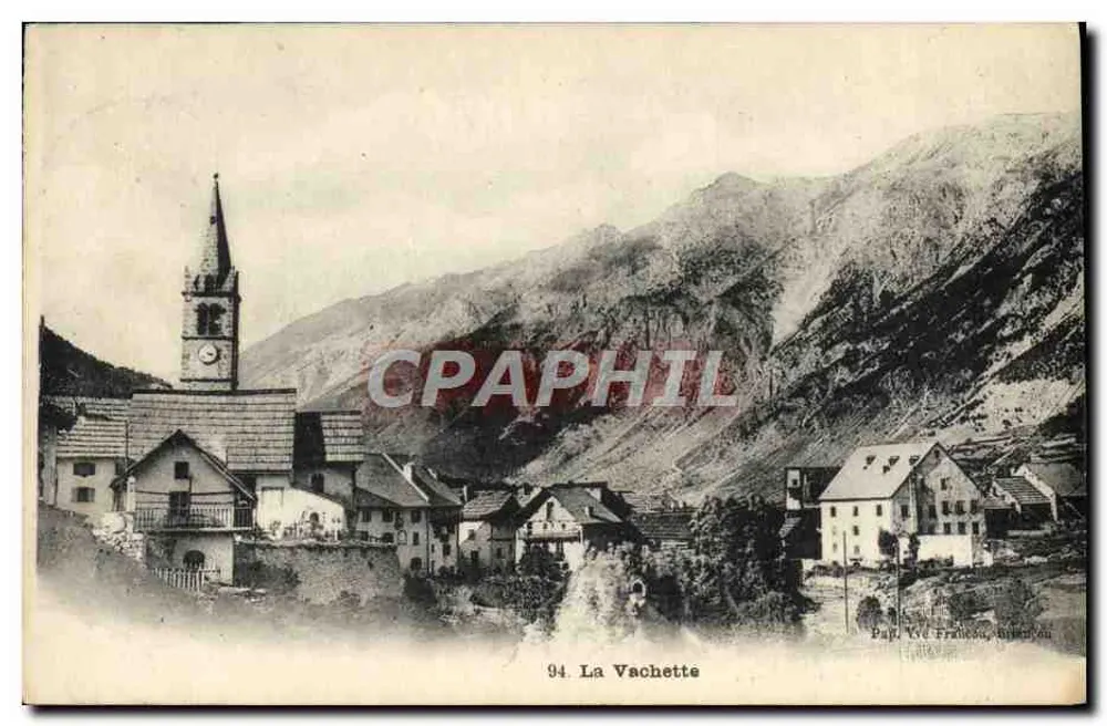 La Vachette — vilarejo alpino com igreja — Pap. Vve François, Albinaton - Frente
