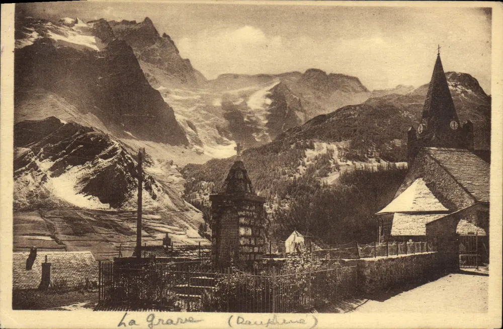 La Grave (Dauphiné) — vista panorâmica com igreja e glaciar — editor desconhecido, número de série não visível - Frente