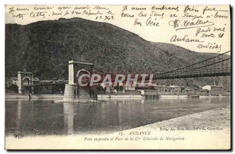 Andance — Hängebrücke und Hafen der General Navigation Company — Verlag: Au Bon Marché - J. Cornillon - Vorderseite