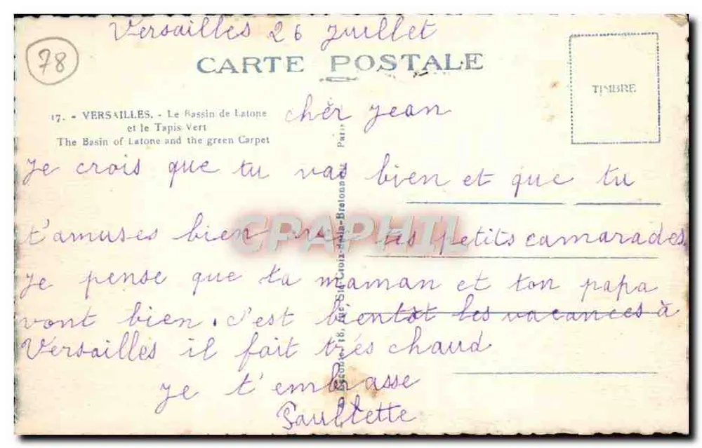 Versailles - Der Bassin de Latone und der Tapis Vert — Verleger: Paris, Nr. 17 - Rückseite