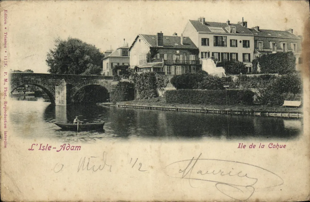 L'Isle-Adam — île de la Cohue avec pont en pierre et bateau — Édition Triomph, n°1178 - Recto