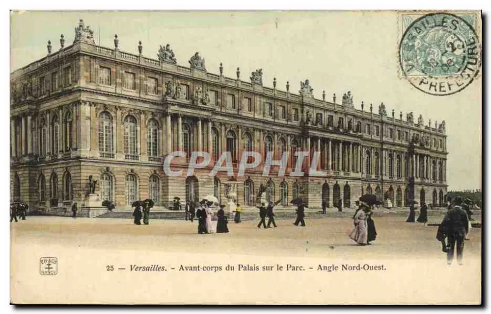 Versailles — Vorderhof des Palastes über den Park — Nordwest-Ecke — Verlag Ouvrages de France, Nr. 25 - Vorderseite