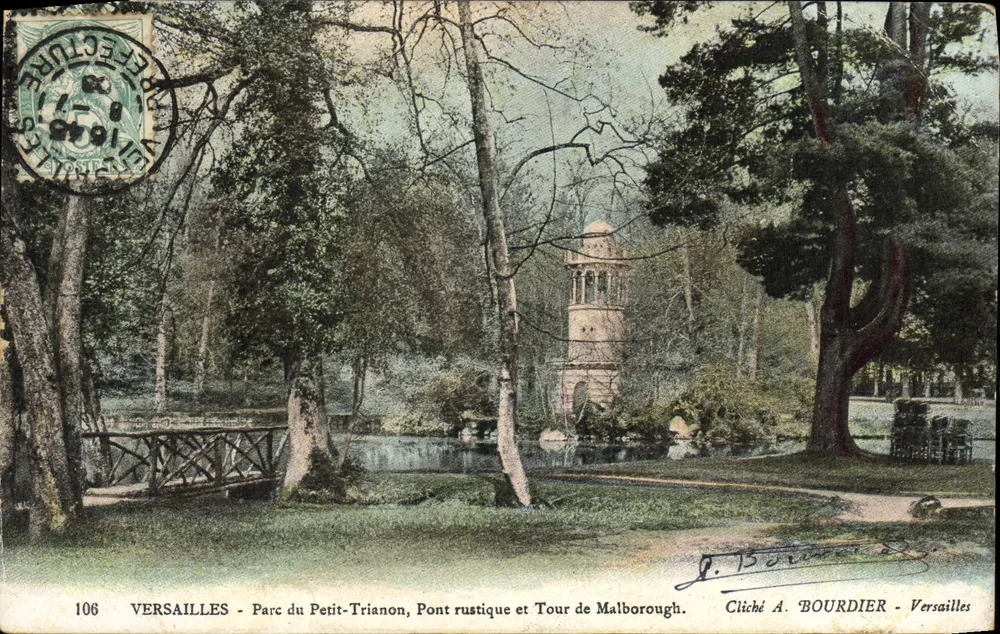 Versailles - Park des Petit Trianon, rustikaler Brücke und Turm von Malborough — Foto von A. BOURDIER - Versailles, Nr. 106 - Vorderseite