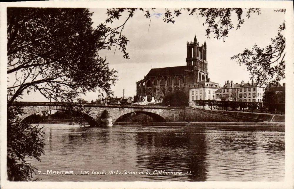 Mantes - Die Ufer der Seine und die Kathedrale — J. L. entière, Buchhandlung, Nationale Straße - Mantes. - Vorderseite