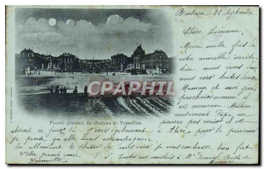 Fachada geral do Castelo de Versailles — vista noturna sob a lua — editor A. BOCQUET, n° 2004/18 - Frente