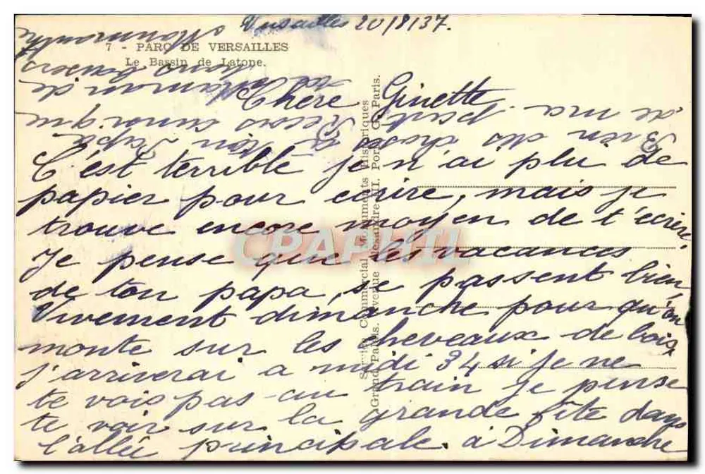 Le Bassin de Latone — Versailles — éditeur : Service Commercial de Timbres, Paris - Rückseite