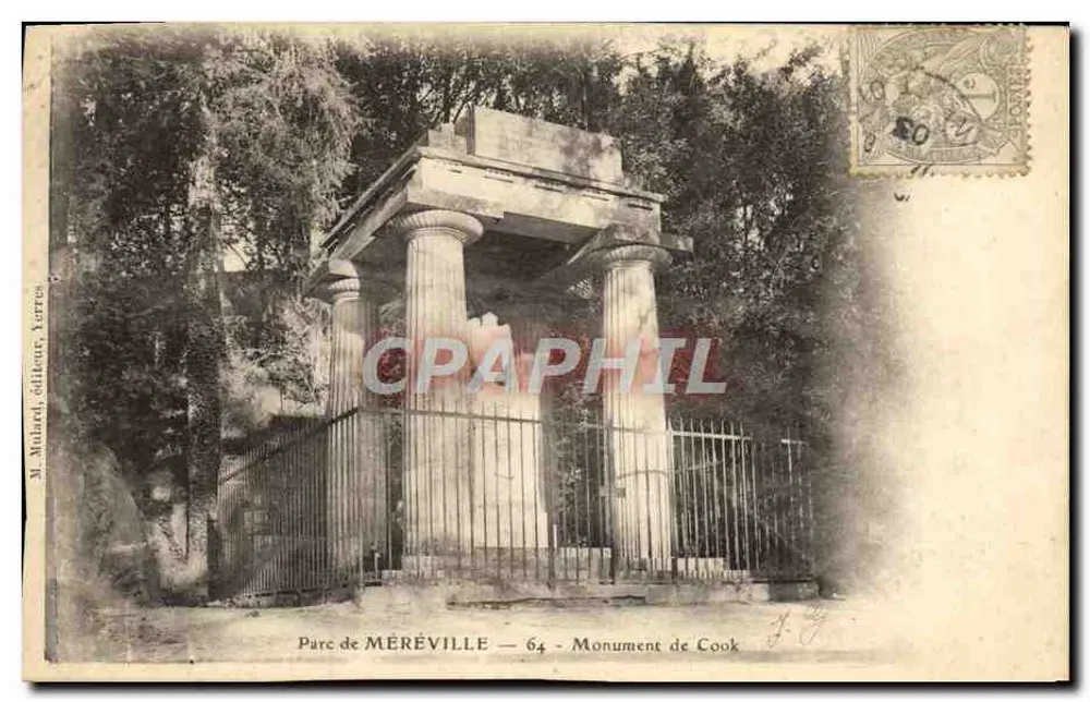 Parc de MÉRÉVILLE — 64 — Monument de Cook — M. Muhlel, editor, Yerres - Frente