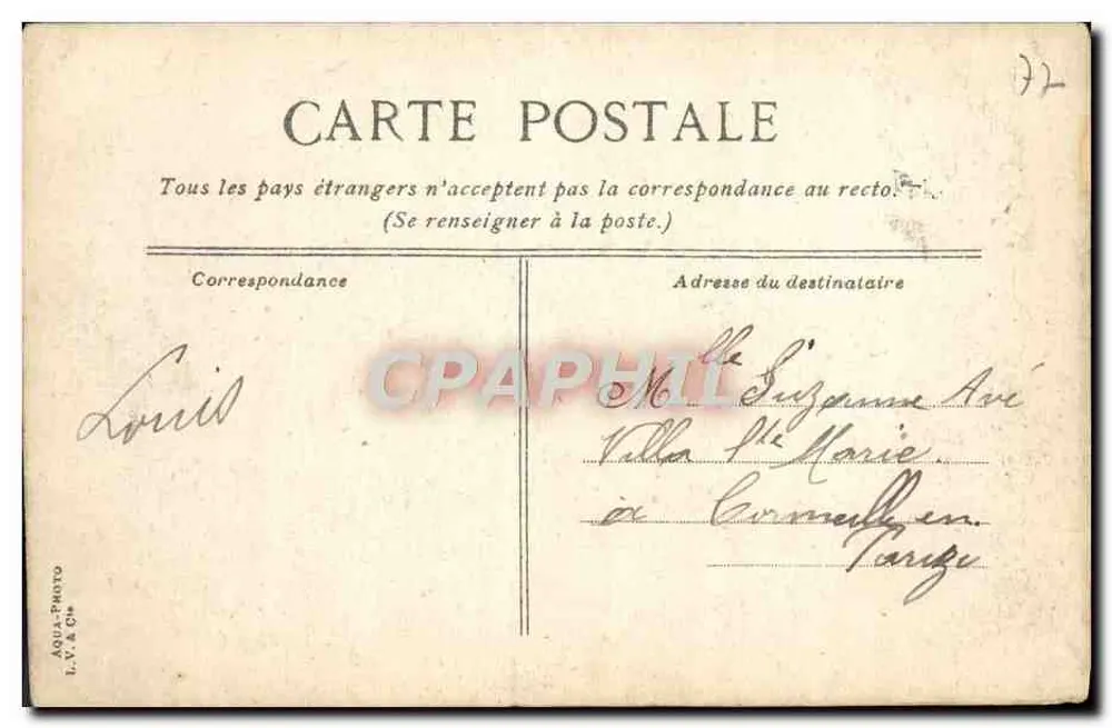 Fontainebleau, A Cour d'Ulysse — vista do jardim com estátua e fonte — L.V. & Cie, n°12 - Verso