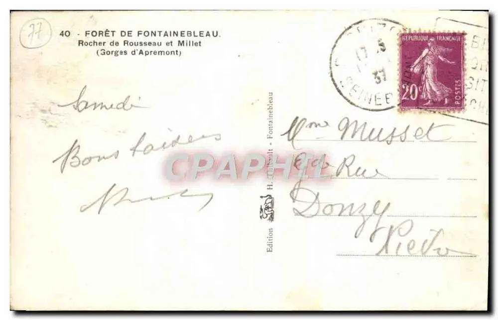Rocher de Rousseau und Millet — Gorges d'Apremont — H. Thibault Edition - Fontainebleau - Rückseite