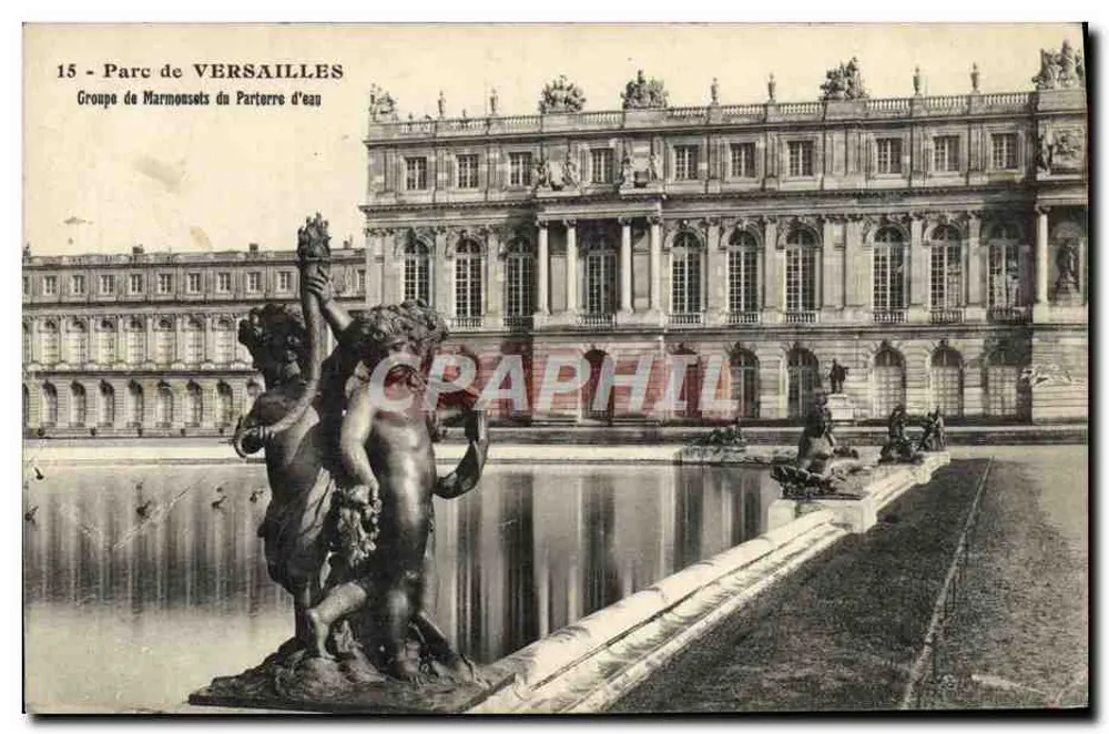 Versailles — Gruppe der Marmousets vom Parterre d'eau — Verlag Bellamy, n°15 - Vorderseite
