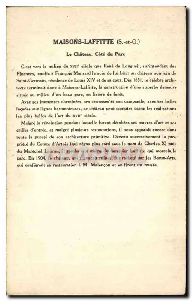 MAISONS-LAFFITTE (S.-&-O.) — O Castelo (Lado do Parque) — Coleção da Solução Pautaubeerge - Verso