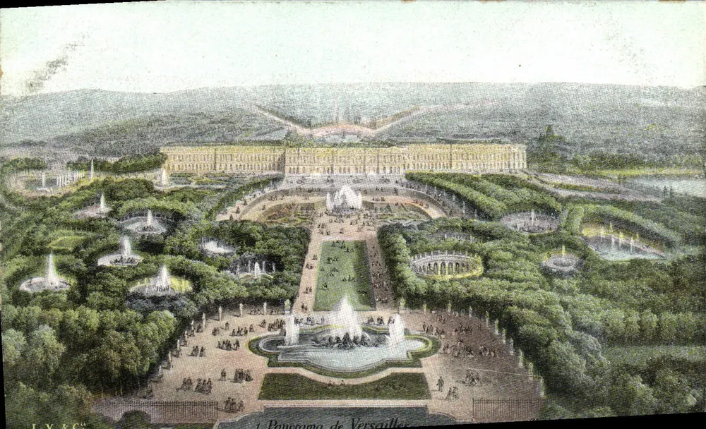Panorama de Versalhes — vista aérea do castelo e dos jardins — L. V. & Cie - Frente