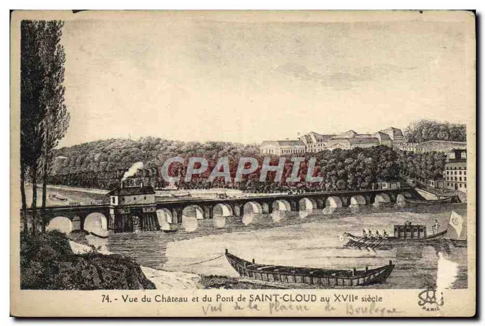 Ansicht des Schlosses und der Brücke von Saint-Cloud im 17. Jahrhundert — Phototypie L'Abelle, Paris, n°74 - Vorderseite