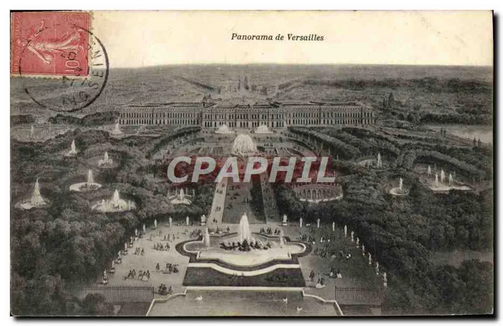Panorama de Versailles — vista aérea dos jardins e do castelo — Mme Moreau, edit. Versailles - Frente
