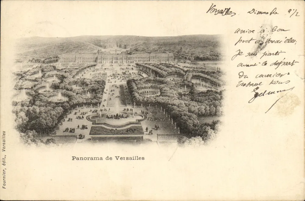 Panorama de Versailles — vista aérea do castelo e dos jardins — Fournier, editor, Versailles - Frente