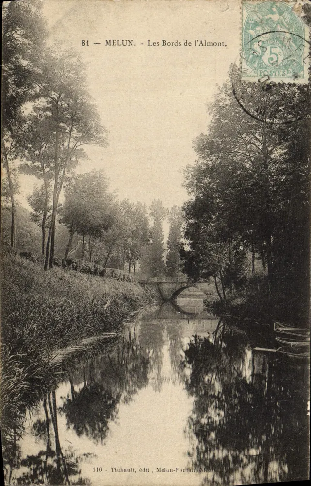MELUN - Les Bords de l'Almont — vue du pont et des berges arborées, éditeur Thibault, n° 81 - Frente