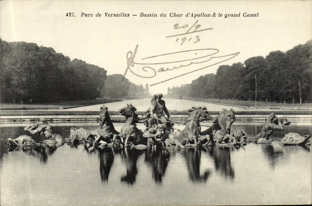 Park von Versailles — Bassin des Apollon-Wagen & der Große Kanal — Héliotypie A. Bourdier, n°427 - Vorderseite