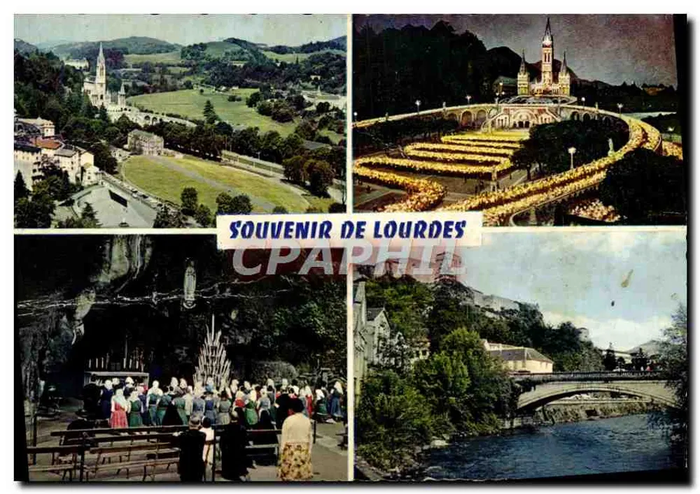 Lourdes — vue aérienne, procession aux flambeaux, grotte, pont — éditeur MEXICHROME - Frente