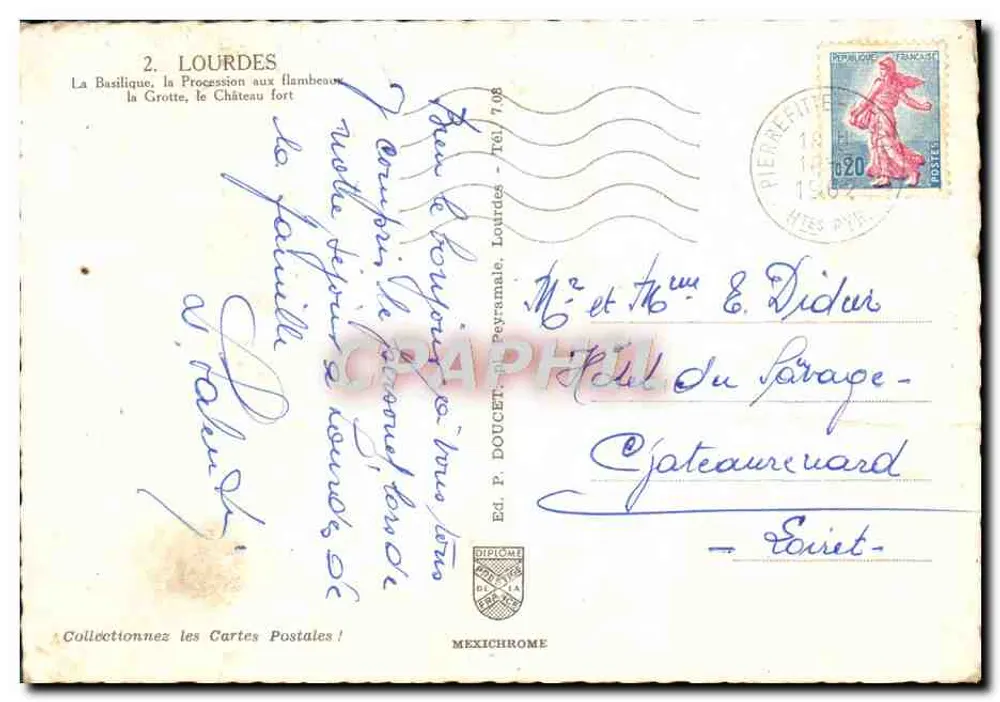 Lourdes — vue aérienne, procession aux flambeaux, grotte, pont — éditeur MEXICHROME - Verso