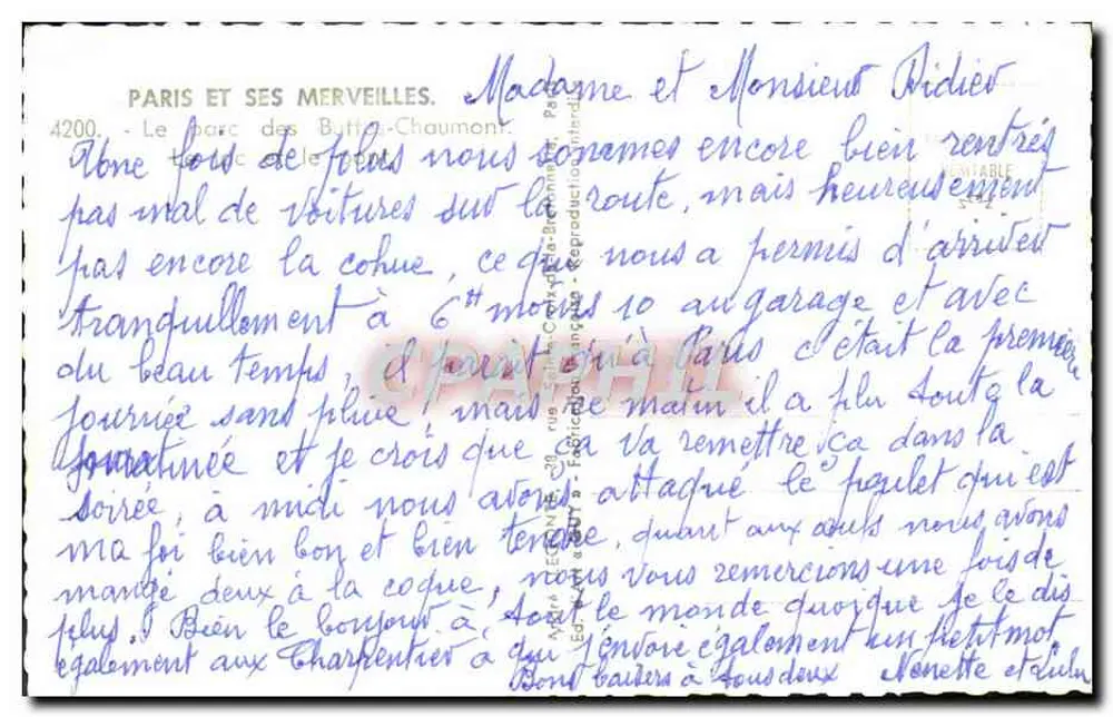 Der Park der Buttes-Chaumont — Paris — Verlag Paris et ses merveilles, n° 4200 - Rückseite