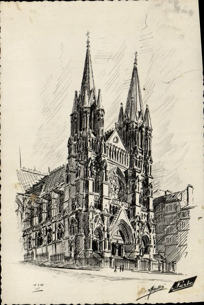 Marseille — Église Saint-Vincent de Paul (Les Réformés), style du XIIIe — dessiné d'après nature par René MALHE, éditeur Parbo, n°164 - Frente