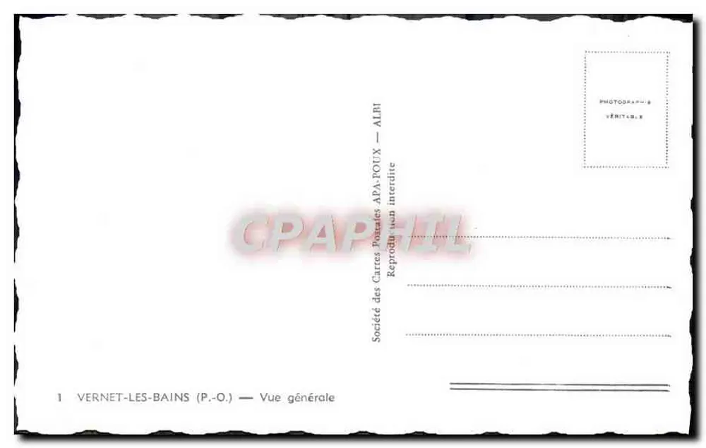 Vernet-les-Bains — Vista geral — Sociedade das Cartas Postais APA-POUX — ALBI - Verso