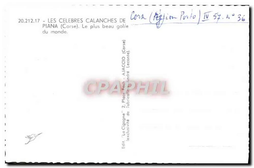 As Calanches de Piana — Corse — Éditeur La Cigogne, n° 36 - Verso