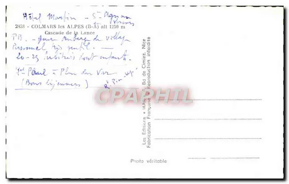 Cachoeira da Lance — Colmars-les-Alpes (B-A) alt 1250 m — Os Editores de Cimiez - Verso