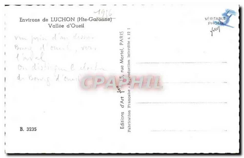 Environs de LUCHON (Hte-Garonne) — Vale do Oueil — Éditions d'Art Martel, n° B. 3235 - Verso