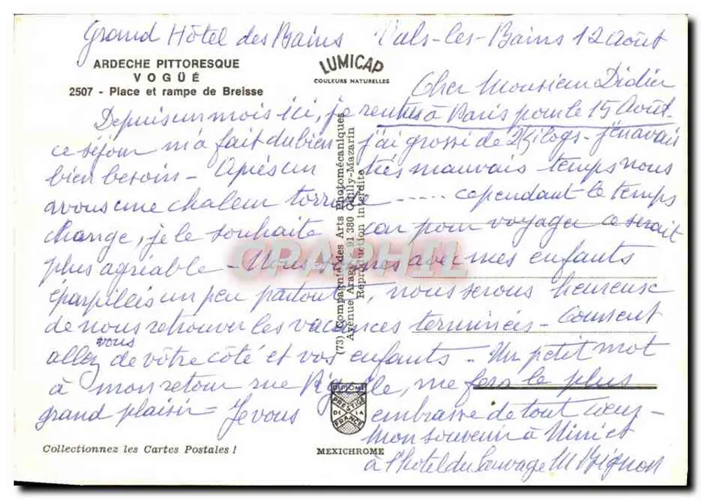 Ausblick auf das Schloss Vals-les-Bains — Ardèche — Verlag LUMICAP, Nr. 2507 - Rückseite