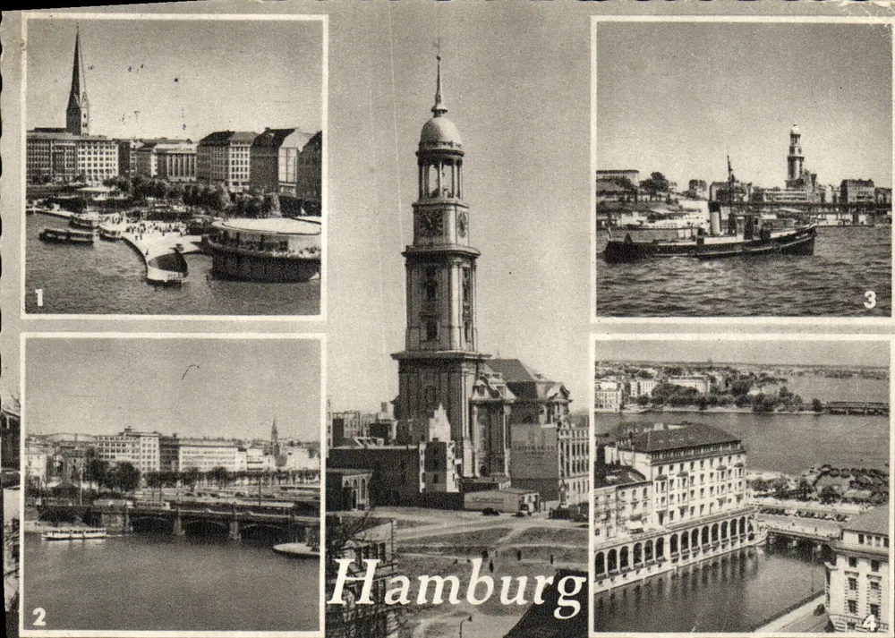 Hamburg — vista panorâmica com 4 cenas — editor G. A. Braun - Frente
