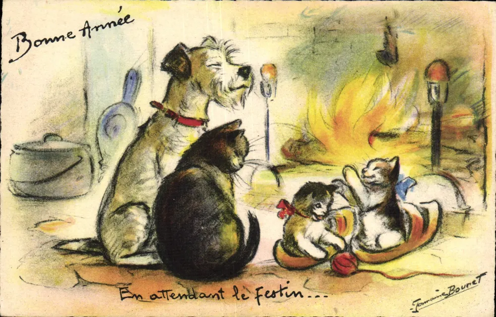 Hund und Katzen um ein Kaminfeuer — Illustration von Jeanne Bouret — Verlag nicht sichtbar - Vorderseite