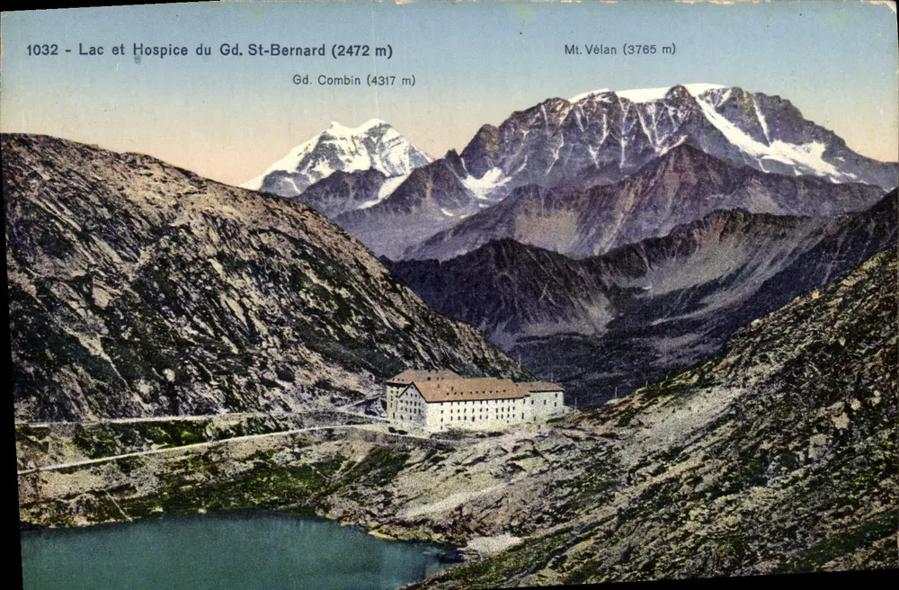 Lago e Hospício do Grande São Bernardo — vista alpina com montanhas nevadas — editor anônimo, n° 1032 - Frente