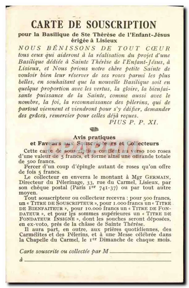 Sainte Thérèse de l'Enfant-Jésus — Ansichtskarte zur Basilika in Lisieux — veröffentlicht von P. P. XI - Rückseite