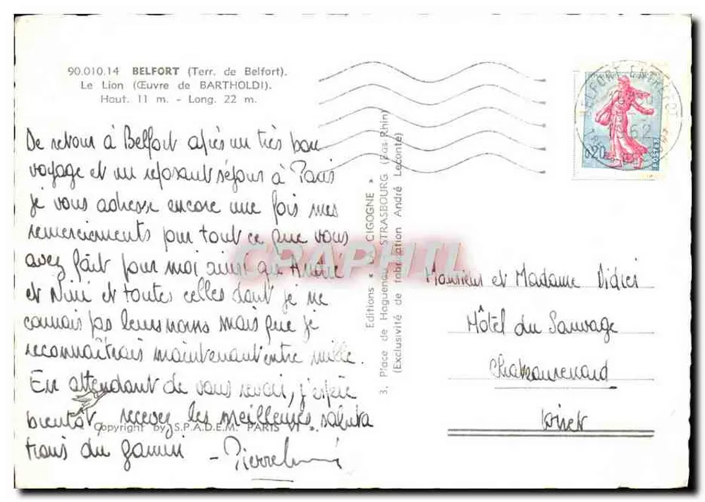 Le Lion des Défenseurs de Belfort — Monument sculpté — Éditions de l'Imprimerie André Laçonté, n° 90.010.14 - Verso