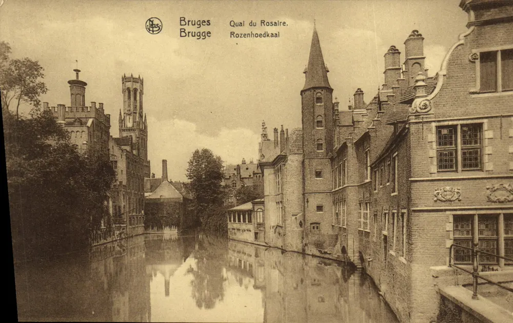 Bruges - Lungofiume del Rosario — vista del canale con la Belfry in fondo — editore N.ELS - Recto
