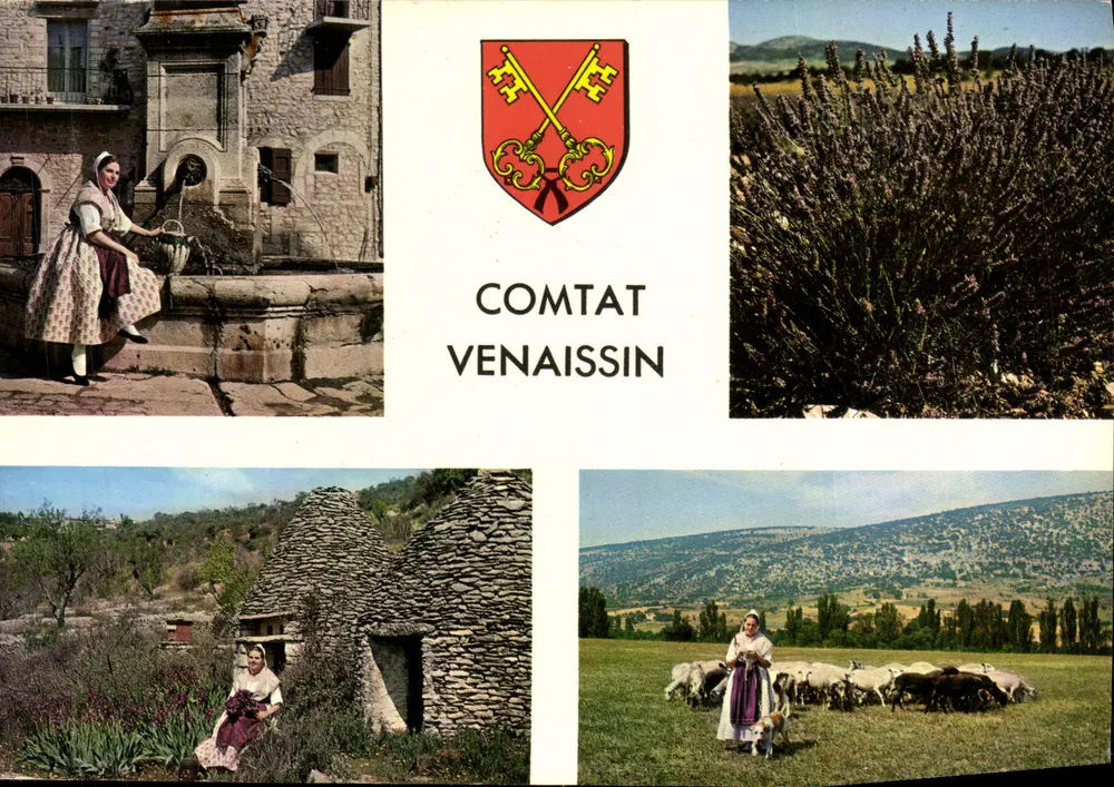 Comtat Venaissin — provenzalische Landschaft mit Lavendel, Brunnen, Schafstall und Bergen — Éditions de Provence G.A.L. - Vorderseite